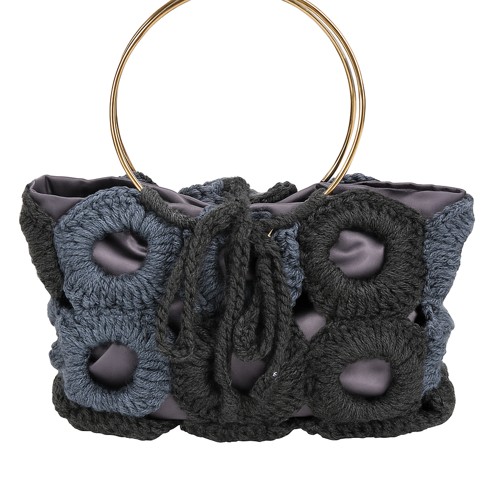 Handmade Crochet Gray Circle Bag with Gold Handle
