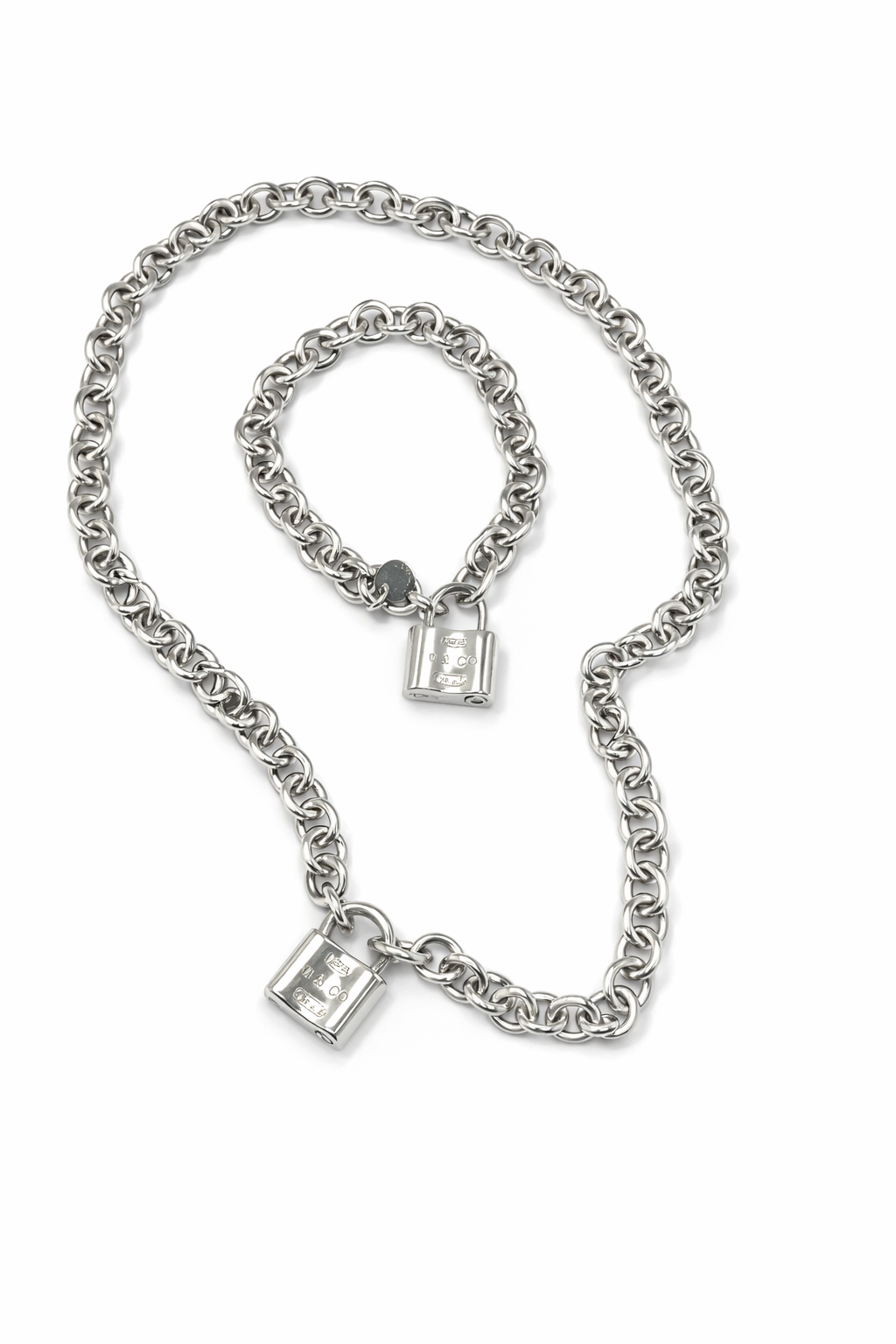 Tiffany & Co. 925 Sterling Silver Padlock Chain Necklace & Bracelet Set