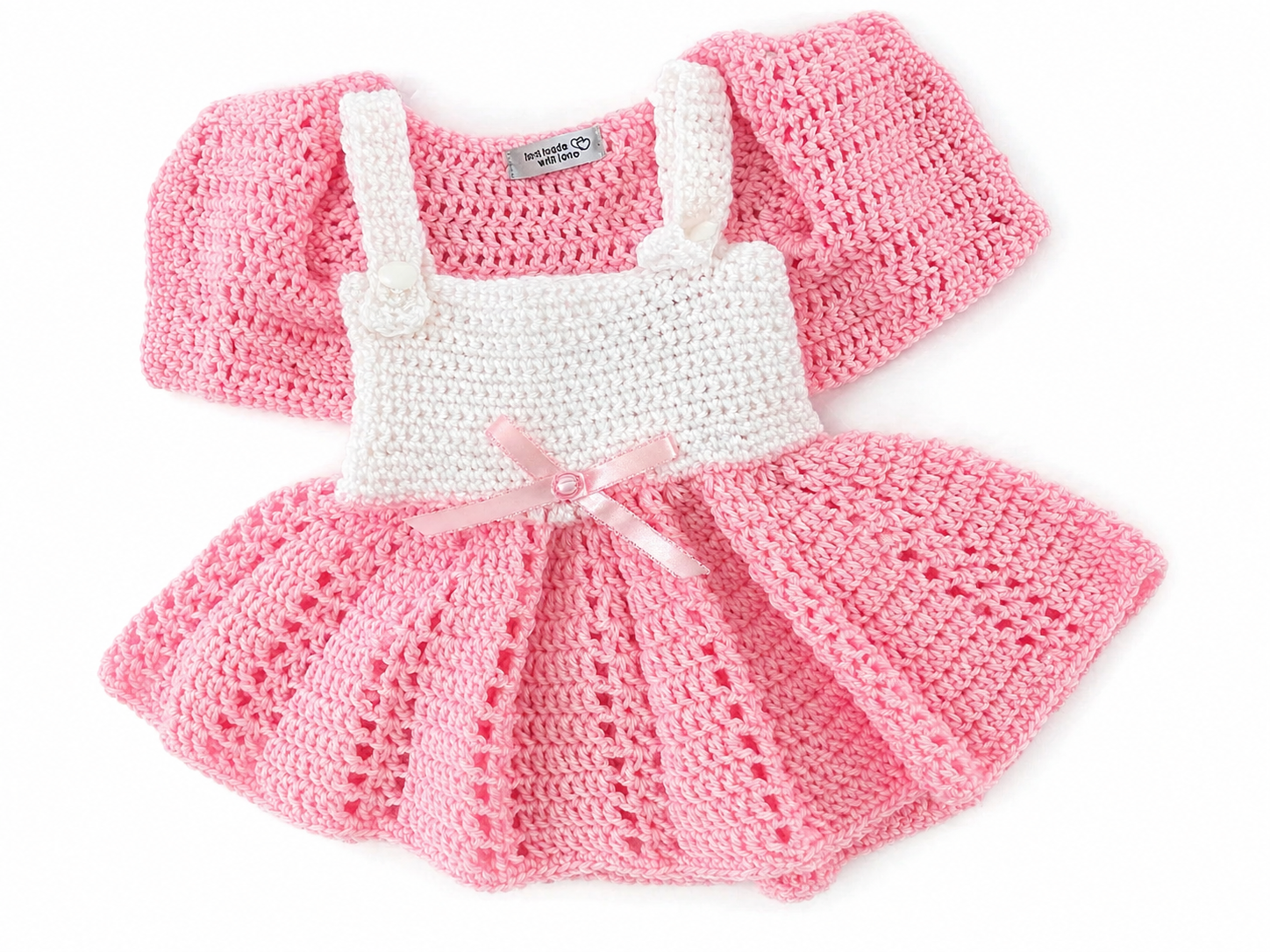 Handmade Crochet Baby Outfit Set – Soft Knit Dress, Cardigan & Hat – Newborn Gift Set (Pink & White)